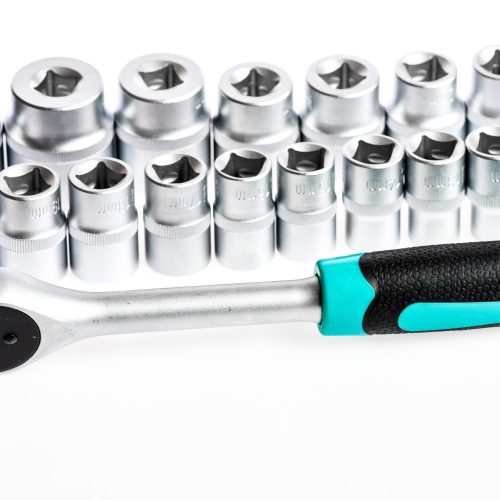 we will Fix It. socket wrench. perfect tool kit. Chrome Vanadium Steel. metallized fix equipment. socket wrench isolated on white background.